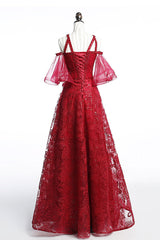 Burgundy Prom Dress Tulle Lace Beaded Long Evening Dress