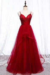 Burgundy Prom Dress Tulle Lace Beaded Long Evening Dress