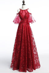 Burgundy Prom Dress Tulle Lace Beaded Long Evening Dress