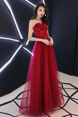 Burgundy Prom Dress Tulle Lace Long Evening Gown Evening Dress