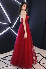 Burgundy Prom Dress Tulle Lace Long Evening Gown Evening Dress