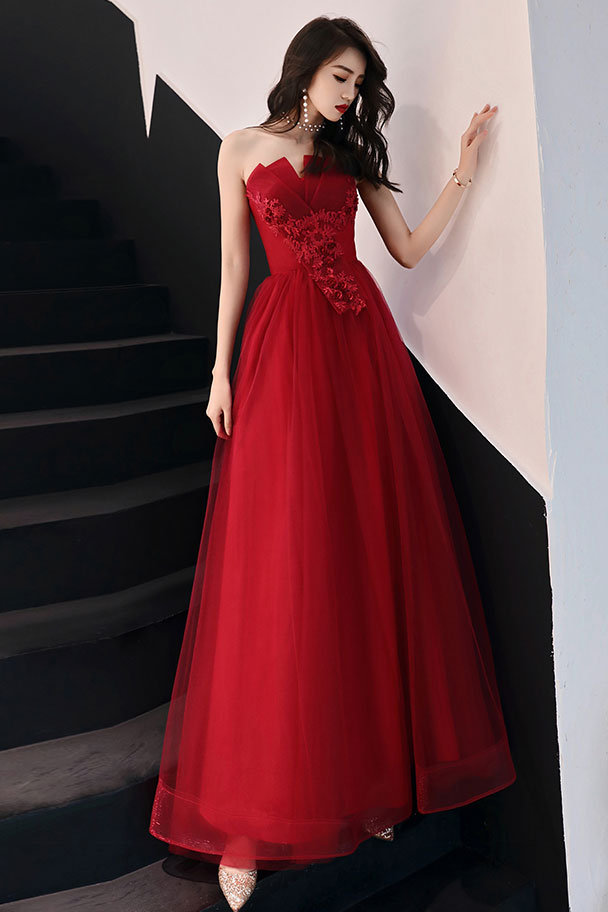 Burgundy Prom Dress Tulle Lace Long Evening Gown Evening Dress