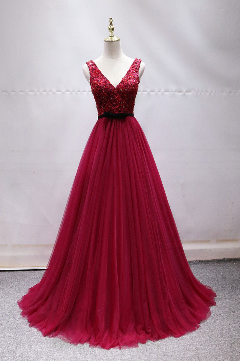 Burgundy Prom Dress Tulle Lace Long Formal Dress Evening Dress