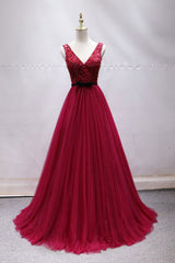 Burgundy Prom Dress Tulle Lace Long Formal Dress Evening Dress