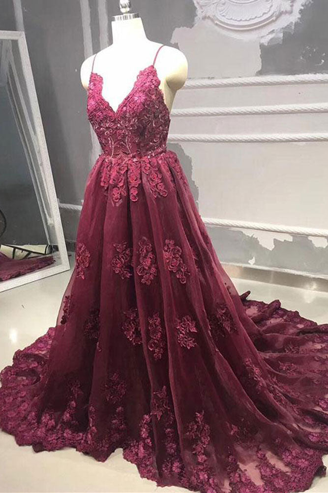 Burgundy Prom Dress Tulle Lace Long Formal Evening Dress
