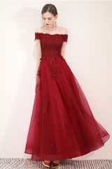 Burgundy Prom Dress Tulle Lace Long Formal Gown Evening Dress
