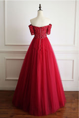 Burgundy Prom Dress Tulle Lace Long Formal Gown Evening Dress