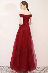 Burgundy Prom Dress Tulle Lace Long Formal Gown Evening Dress