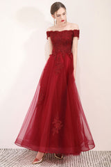 Burgundy Prom Dress Tulle Lace Long Formal Gown Evening Dress
