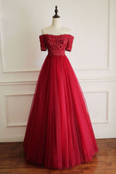 Burgundy Prom Dress Tulle Lace Long Formal Gown Evening Dress