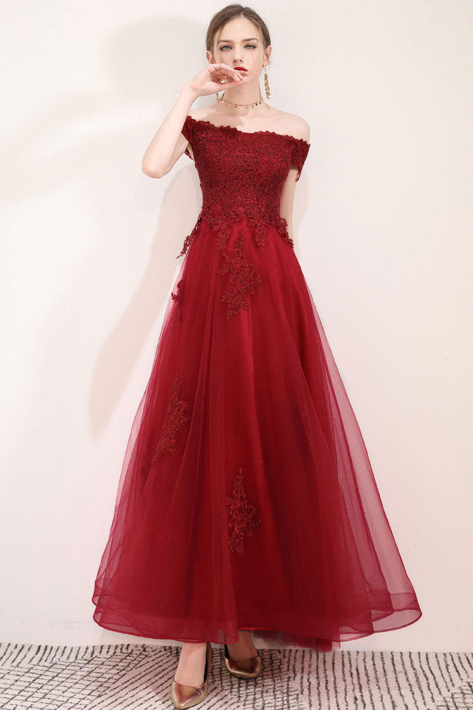 Burgundy Prom Dress Tulle Lace Long Formal Gown Evening Dress