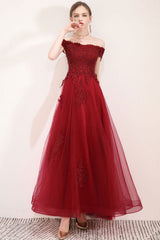 Burgundy Prom Dress Tulle Lace Long Formal Gown Evening Dress