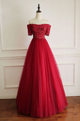 Burgundy Prom Dress Tulle Lace Long Formal Gown Evening Dress
