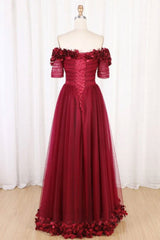 Burgundy Prom Dress Tulle Off the Shoulder Long Evening Dress