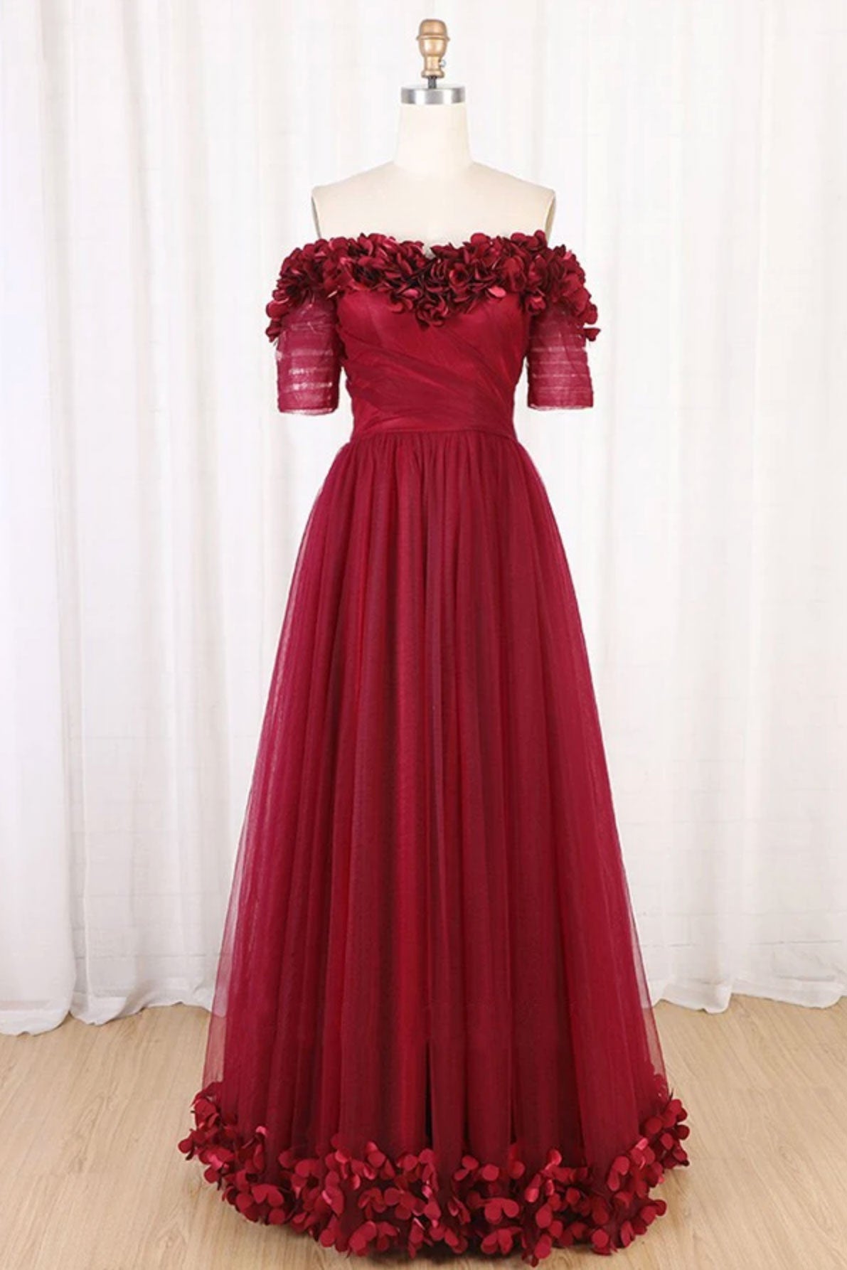 Burgundy Prom Dress Tulle Off the Shoulder Long Evening Dress