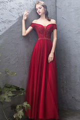 Burgundy Prom Dress Tulle Off the Shoulder Long Formal Evening Dress