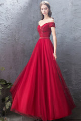 Burgundy Prom Dress Tulle Off the Shoulder Long Formal Evening Dress