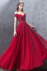 Burgundy Prom Dress Tulle Off the Shoulder Long Formal Evening Dress