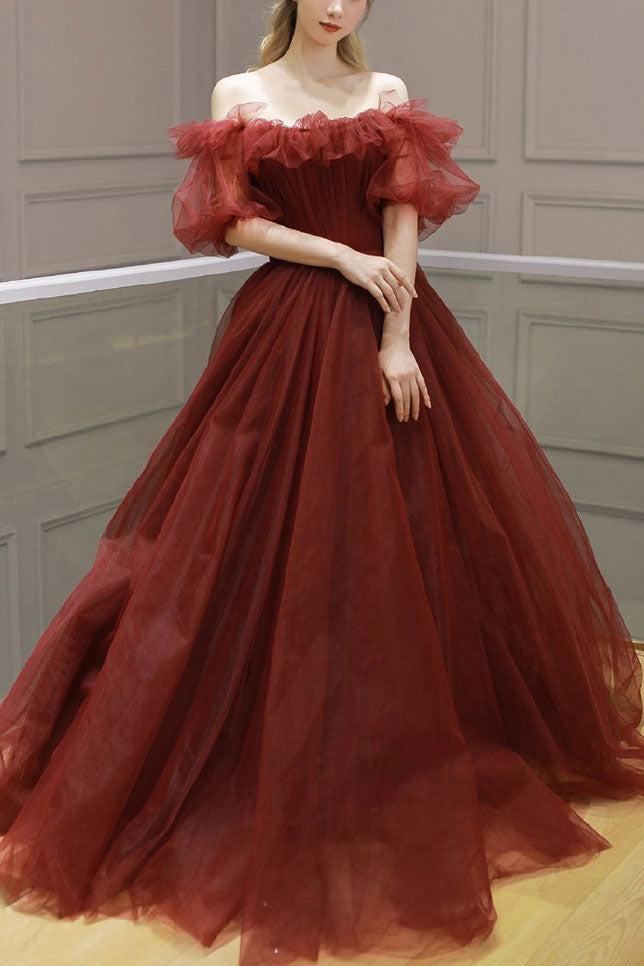 Burgundy Prom Dress Tulle Off the Shoulder Long Formal Gown Evening Dress