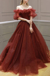 Burgundy Prom Dress Tulle Off the Shoulder Long Formal Gown Evening Dress