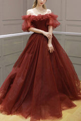 Burgundy Prom Dress Tulle Off the Shoulder Long Formal Gown Evening Dress