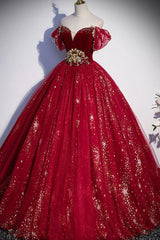Burgundy Prom Dress Tulle Sequin Long Formal Dress Evening Dress
