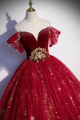 Burgundy Prom Dress Tulle Sequin Long Formal Dress Evening Dress