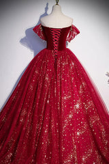 Burgundy Prom Dress Tulle Sequin Long Formal Dress Evening Dress