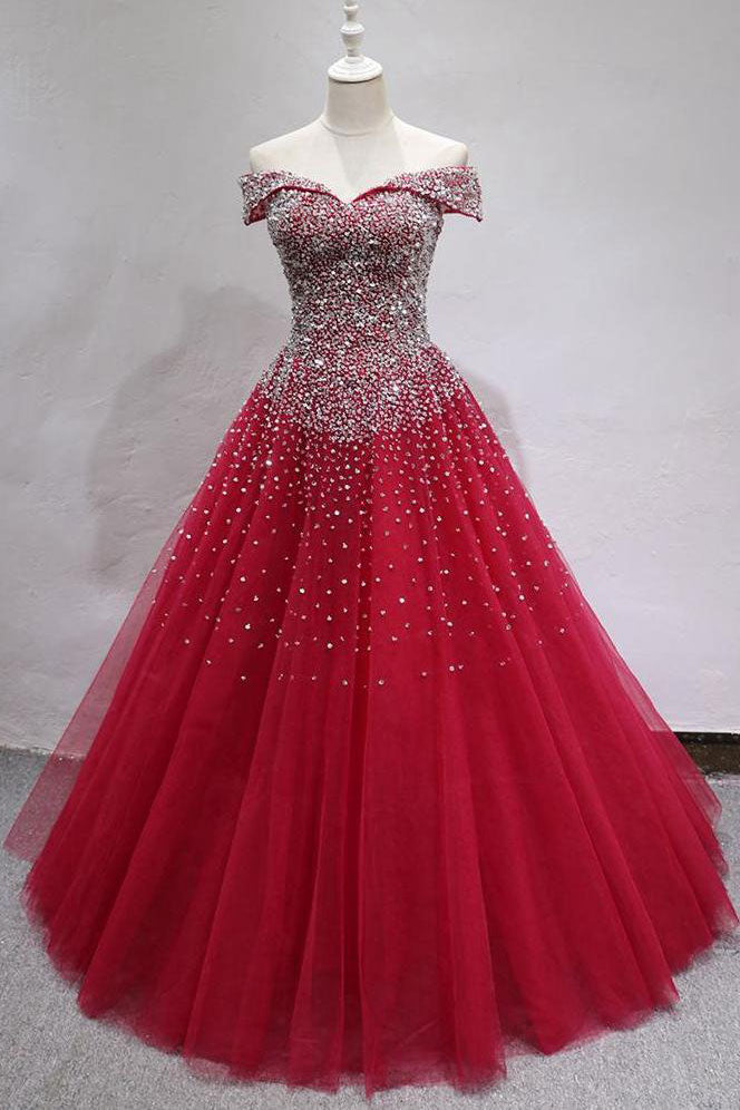 Burgundy Prom Dress Tulle Sequin Long Formal Gown Evening Dress