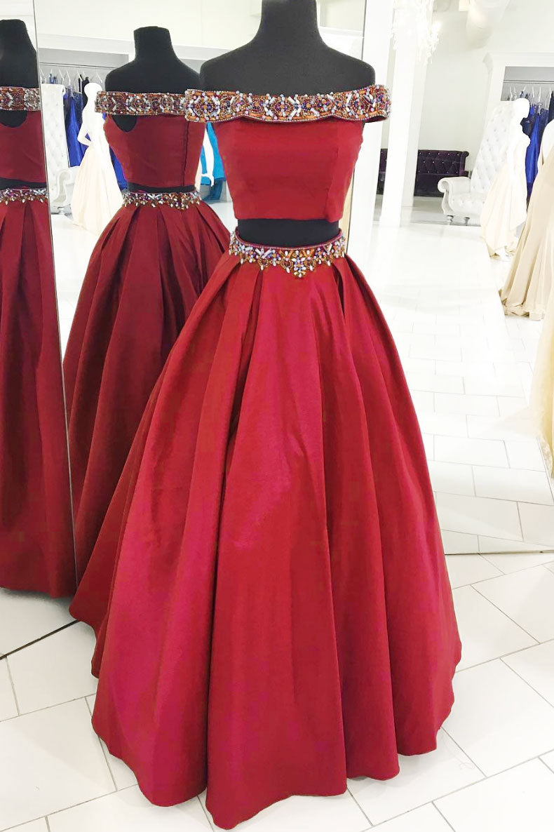 Burgundy Prom Dress Two Piece Beaded Long Evening Dress