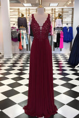 Burgundy Prom Dress V Neck Chiffon Lace Long Formal Gown Evening Dress