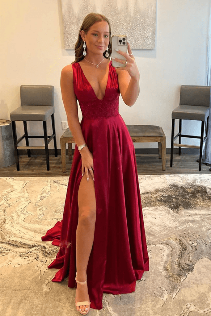 Burgundy Prom Dress V Neck Lace Long Evening Dress with High Split