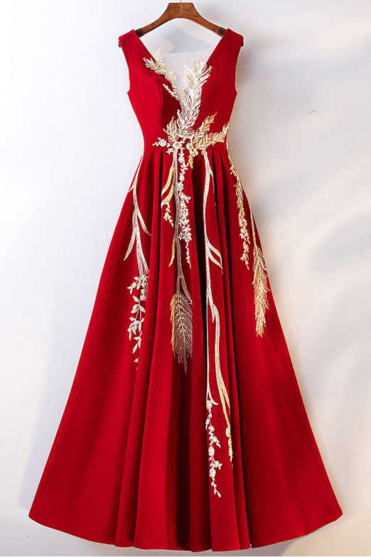 Burgundy Prom Dress V Neck Lace Long Formal Gown Evening Dress