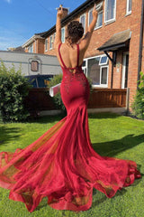 Burgundy Prom Dress V Neck Lace Mermaid Long Evening Dress