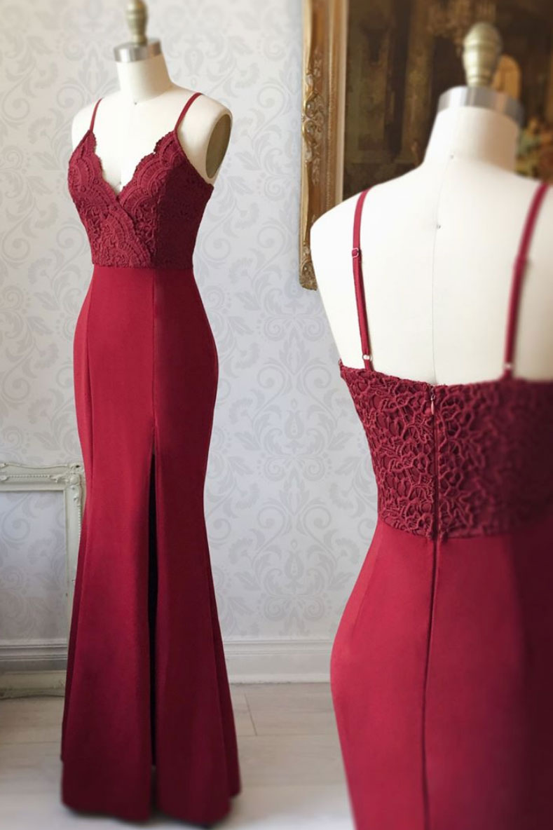 Burgundy Prom Dress V Neck Lace Mermaid Long Evening Dress