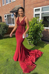 Burgundy Prom Dress V Neck Lace Mermaid Long Evening Dress