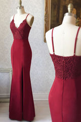 Burgundy Prom Dress V Neck Lace Mermaid Long Evening Dress