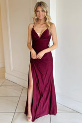 Burgundy Prom Dress V Neck Lace Up Long Formal Evening Dress with Split