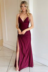 Burgundy Prom Dress V Neck Lace Up Long Formal Evening Dress with Split