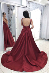 Burgundy Prom Dress V Neck Satin Long Evening Dress