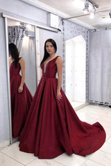 Burgundy Prom Dress V Neck Satin Long Evening Dress