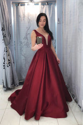 Burgundy Prom Dress V Neck Satin Long Evening Dress