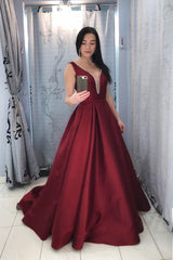 Burgundy Prom Dress V Neck Satin Long Evening Dress