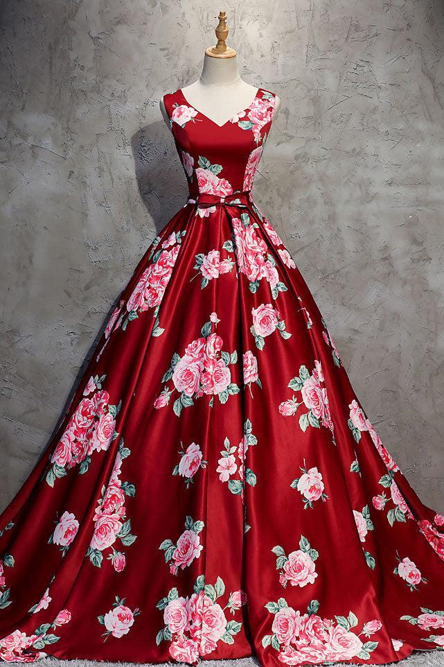 Burgundy Prom Dress V Neck Satin Long Evening Gown Evening Dress