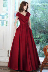 Burgundy Prom Dress V Neck Satin Long Formal Evening Dress