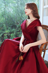 Burgundy Prom Dress V Neck Satin Long Formal Evening Dress
