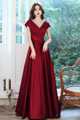 Burgundy Prom Dress V Neck Satin Long Formal Evening Dress
