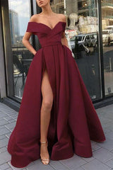 Burgundy Prom Dress V Neck Satin Off the Shoulder Long Evening Dress