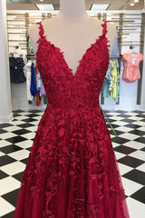 Burgundy Prom Dress V Neck Tulle Lace Long Evening Dress