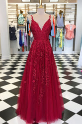 Burgundy Prom Dress V Neck Tulle Lace Long Evening Dress